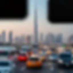 A clear view of the Dubai skyline with traffic in the foreground