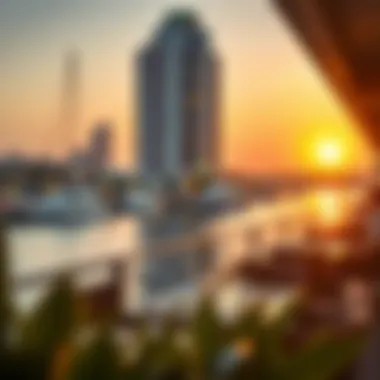 Serene Sunset Dining at Dubai Creek Sunset view over the creek with dining terrace ambiance
