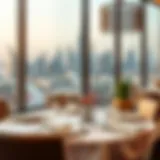 Luxurious Dining with a Skyline View Stunning view of a luxurious restaurant overlooking the Dubai skyline