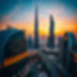 Stunning view of Burj Khalifa towering over Dubai Mall at sunset