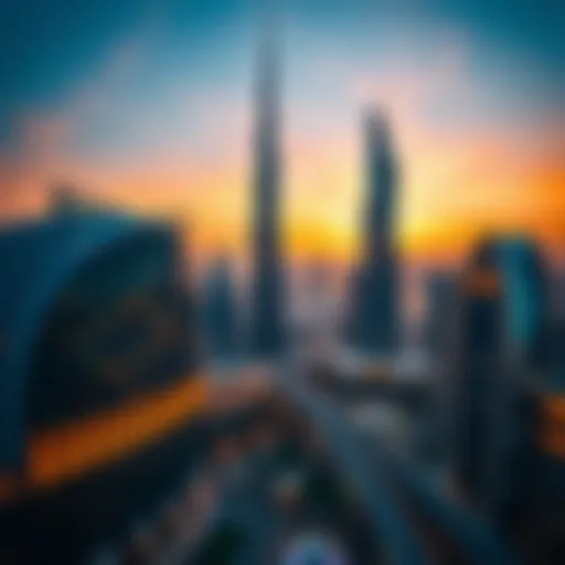Stunning view of Burj Khalifa towering over Dubai Mall at sunset
