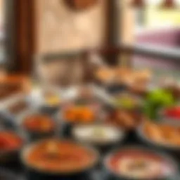 A vibrant spread of traditional Indian dishes featuring colorful curries and aromatic spices.