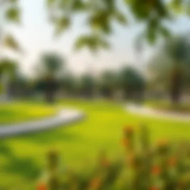 A serene landscape view of Al Quoz Park showcasing lush greenery and walking paths.