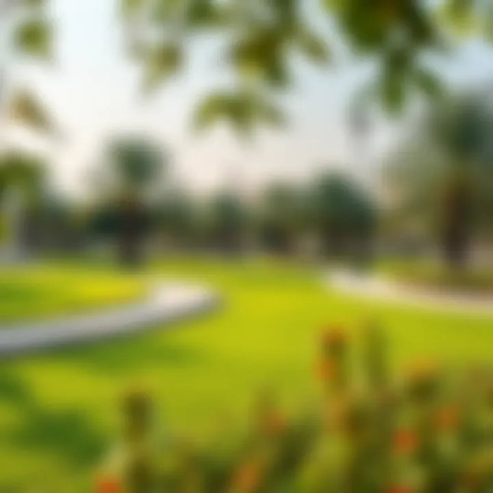 A serene landscape view of Al Quoz Park showcasing lush greenery and walking paths.