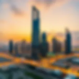 A panoramic view of the Dubai World Trade Centre skyline at sunset showcasing modern architecture.