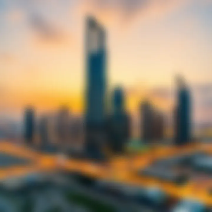 A panoramic view of the Dubai World Trade Centre skyline at sunset showcasing modern architecture.