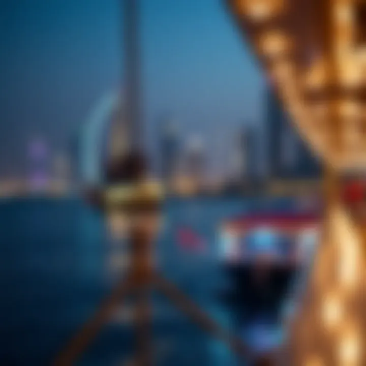 Dhow Cruise at Dubai Marina at Night Evening dhow cruise with illuminated Dubai Marina