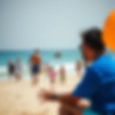 A vibrant beach scene with families enjoying various activities