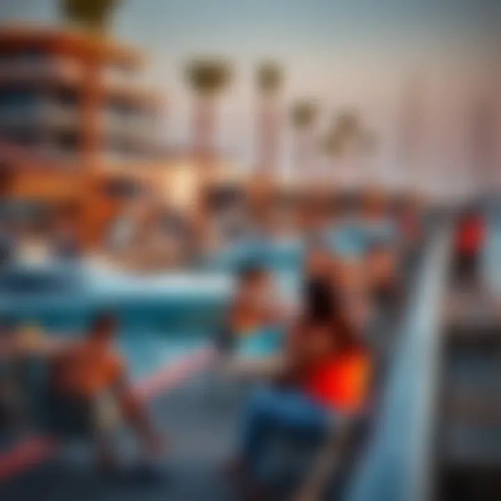 Vibrant outdoor leisure activities at La Mer, including water sports and dining