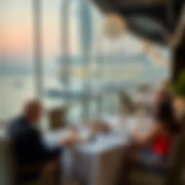 An elegant dining scene at a beachfront restaurant showcasing fine cuisine and stunning ocean views.