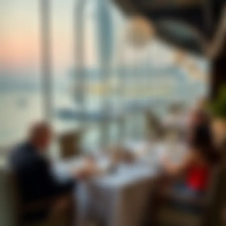An elegant dining scene at a beachfront restaurant showcasing fine cuisine and stunning ocean views.