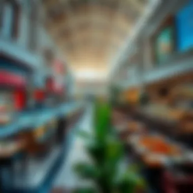 A vibrant food court within a mall, displaying diverse culinary options and dining spaces