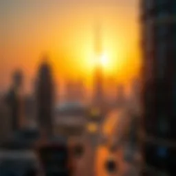 Stunning skyline of Dubai at sunset with Burj Khalifa