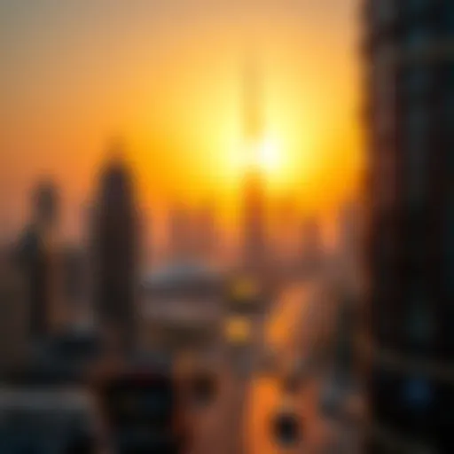 Stunning skyline of Dubai at sunset with Burj Khalifa
