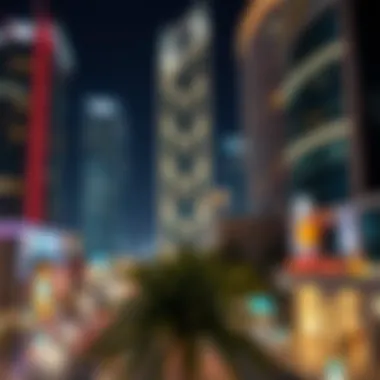 Vibrant nightlife scene in Downtown Dubai with illuminated buildings