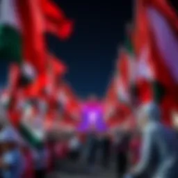 A vibrant celebration of Labor Day with flags and banners