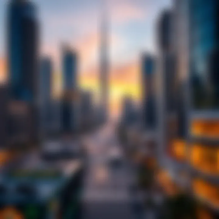 A futuristic cityscape at dusk featuring iconic buildings and vibrant city life.