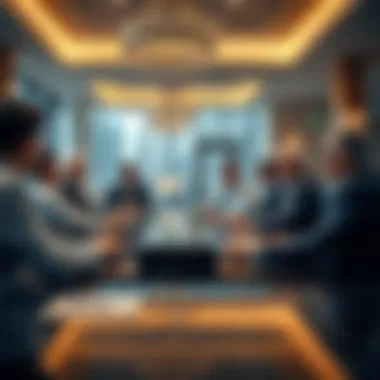 A group discussion among industry leaders analyzing market trends with digital tools.