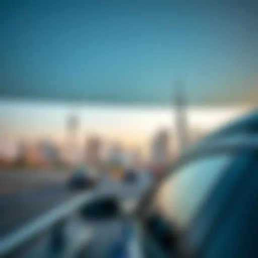 Scenic view of Dubai skyline with a car