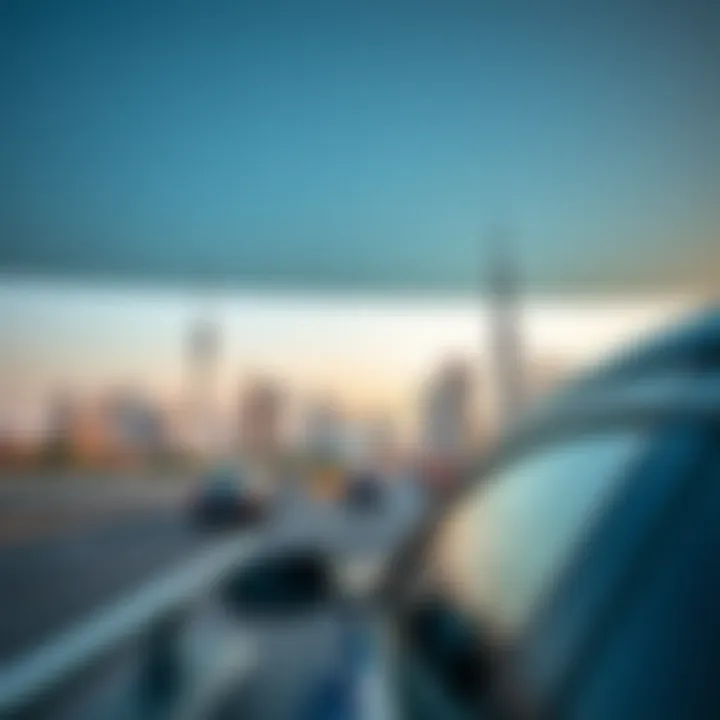 Scenic view of Dubai skyline with a car