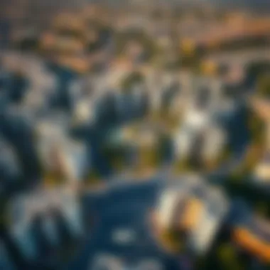 Aerial view of Jumeirah Village Circle showcasing residential buildings and greenery
