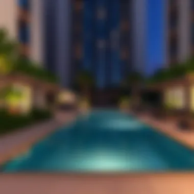 Serene Amenities at Oasis Residence Dubai Amenities at Oasis Residence Dubai featuring a serene swimming pool and lush landscaping