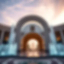 Grand view of the Dubai Mall Fountain entrance showcasing its architectural elegance