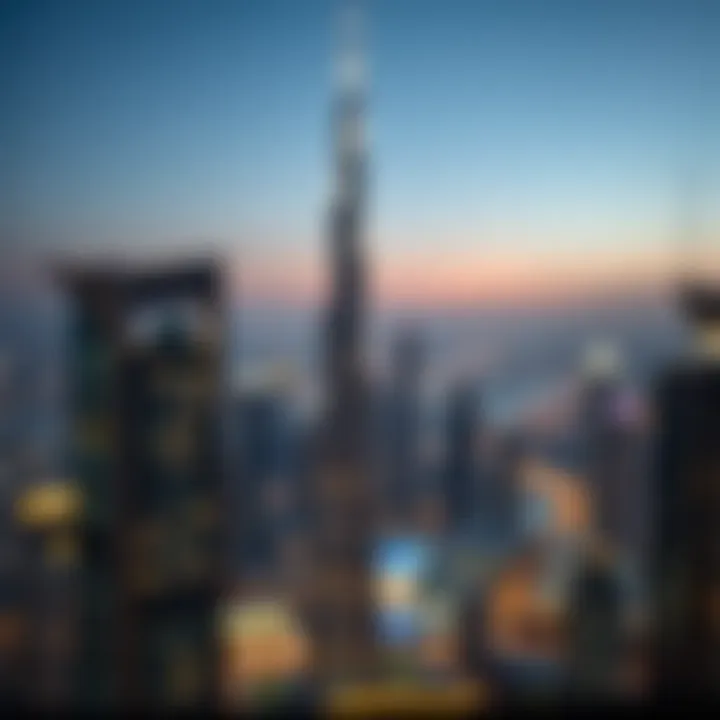Panoramic view of Dubai with Burj Khalifa in focus during twilight