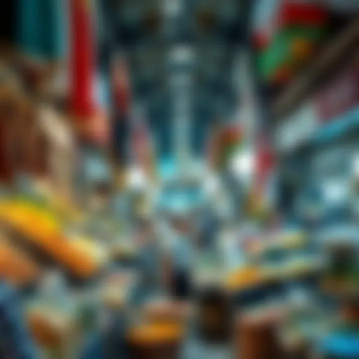 A bustling marketplace in Dubai displaying various food items