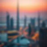 Iconic skyline of Dubai at sunset