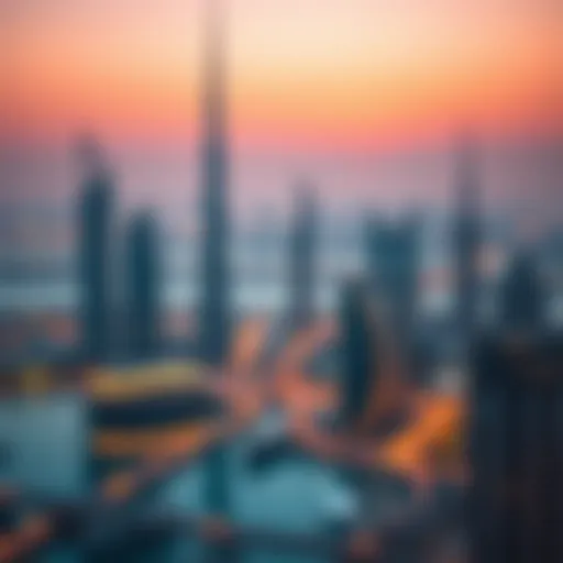 Iconic skyline of Dubai at sunset