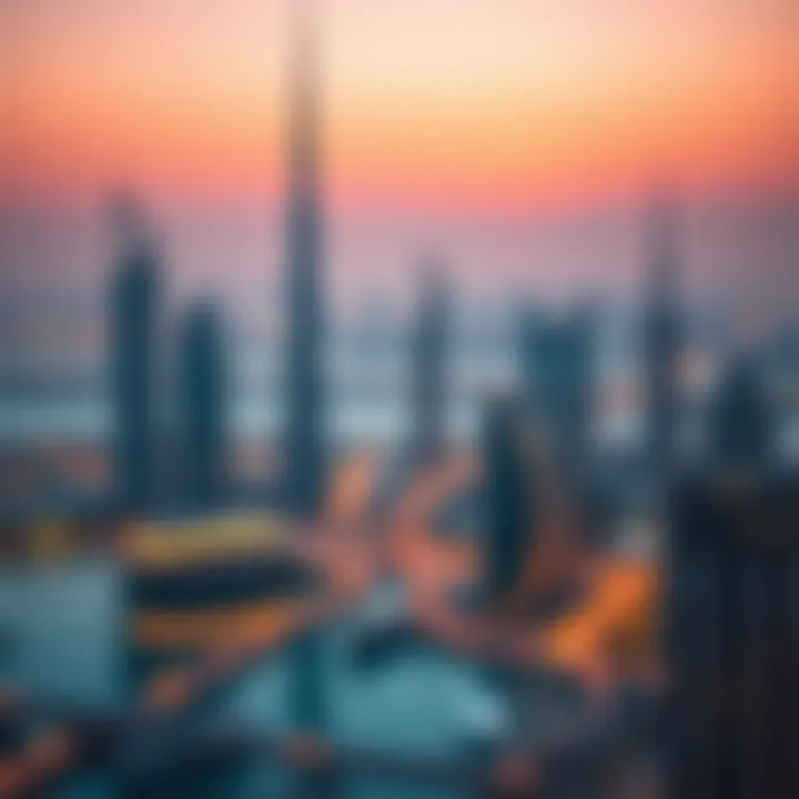 Iconic skyline of Dubai at sunset